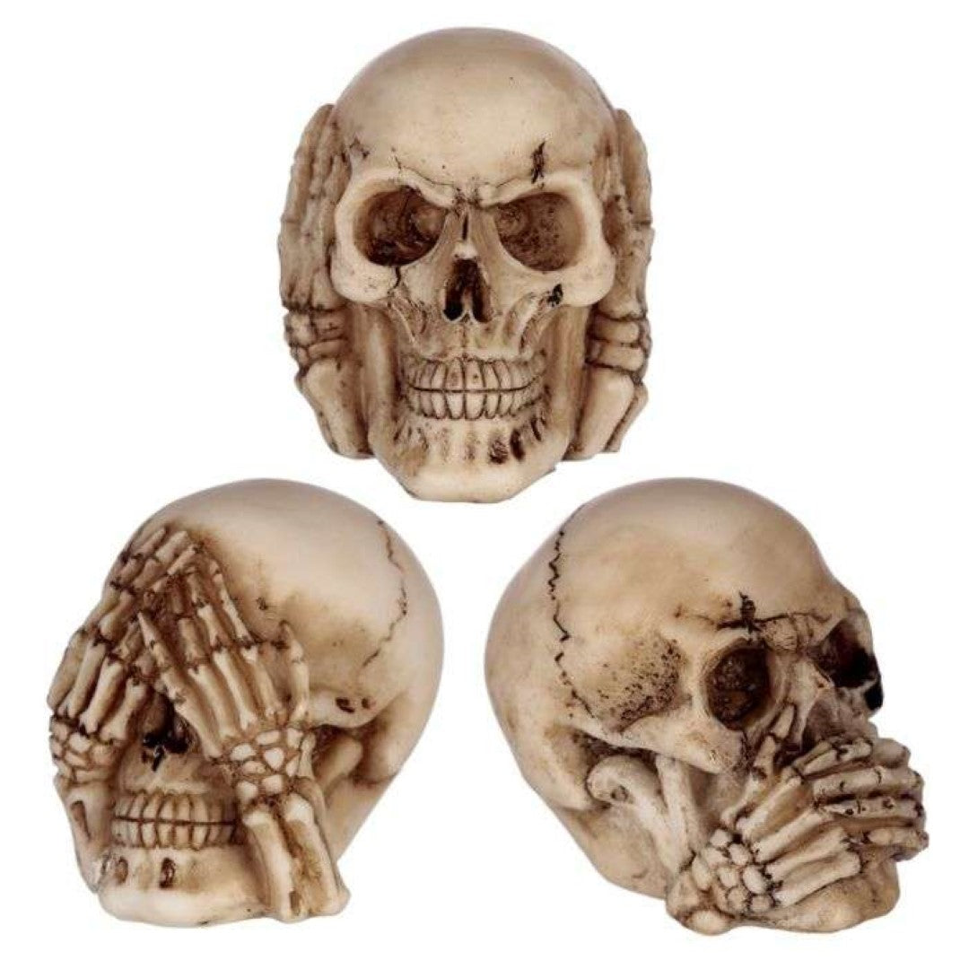 Set of 3 small skull ornaments embodying 'see no evil, hear no evil, speak no evil' theme, perfect for gothic decor.