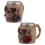 Decorative skull and rose tankards, set of 2, made of resin and stainless steel, height 10.5cm, non-functional.