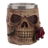 Set of 2 decorative tankards featuring intricate skull and rose designs, made of resin and stainless steel.