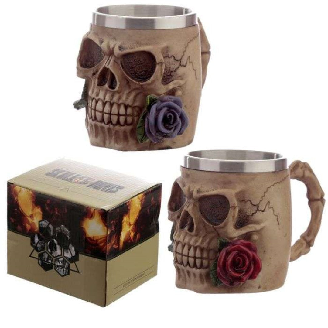 Set of 2 decorative tankards featuring skulls and roses, made of resin and stainless steel, for display use only.