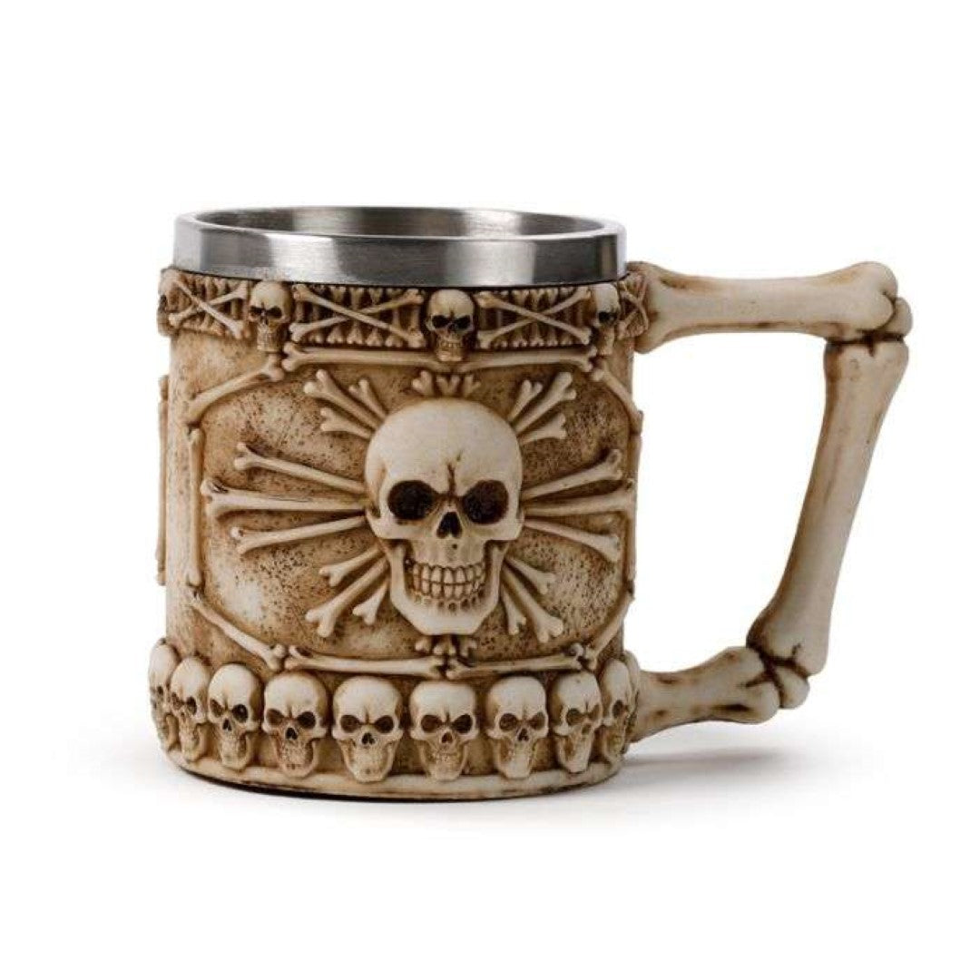 Decorative skull and bone tankard with bone handle, 15cm tall, crafted from resin and stainless steel for gothic decor.