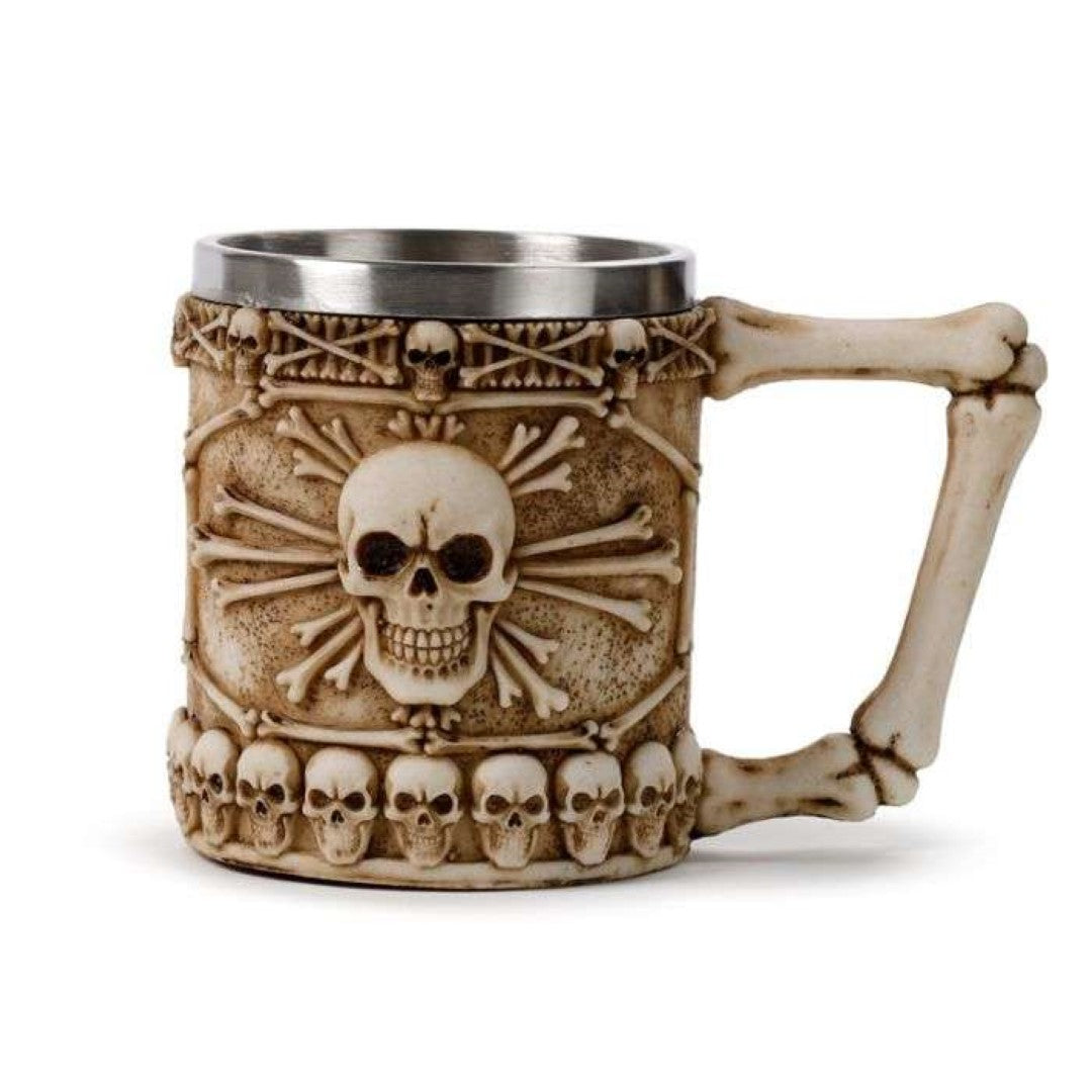 Decorative skull and bone tankard with a bone handle, 15cm tall, perfect for gothic decor enthusiasts.