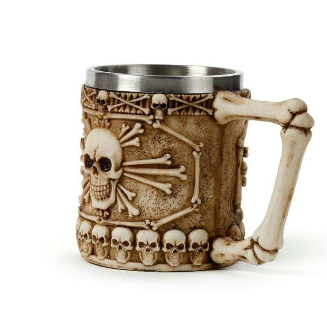 Decorative skull and bone tankard with bone handle, featuring intricate design and stainless steel for gothic decor.