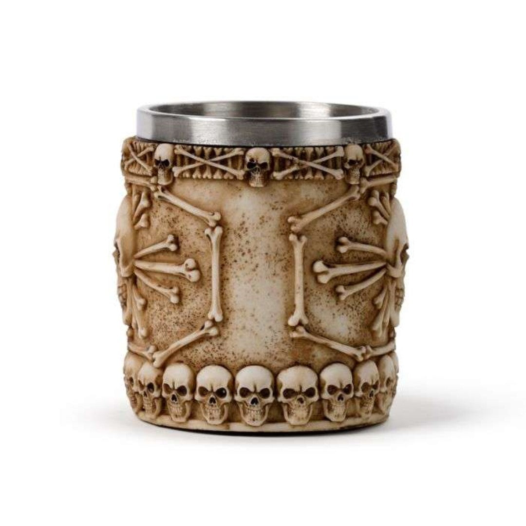 Decorative skull and bone tankard with bone handle, 15cm tall, made of resin and stainless steel, perfect for gothic decor.