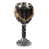 Decorative skull goblet with chains, 18.5cm tall, made of resin and stainless steel, perfect for gothic decor and Halloween.