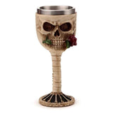 Gothic decorative skull goblet with a red rose, 18.5cm tall, perfect for unique home decor and Halloween themes.