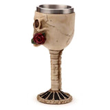 Goblet featuring a gothic skull design with a red rose in mouth, ideal for unique home decor and Halloween themes.