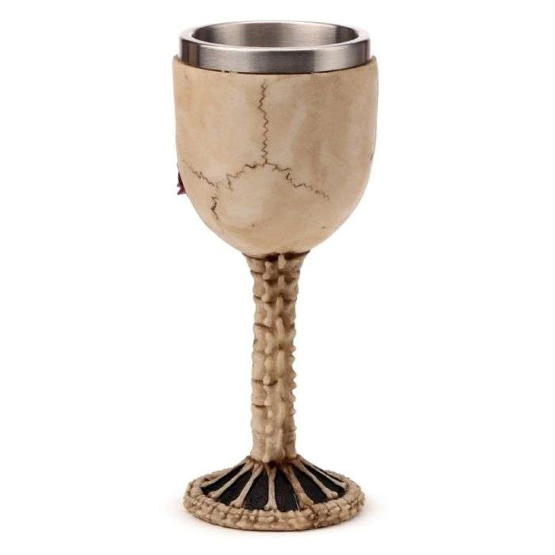 Decorative skull goblet with a red rose in mouth, measuring 18.5cm, perfect for gothic-themed decor and Halloween celebrations.