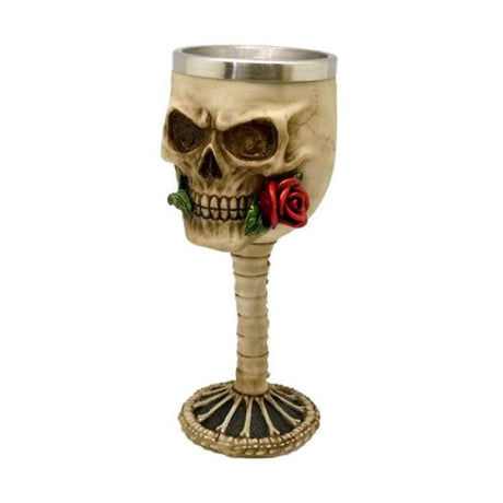 Decorative skull goblet featuring a red rose in mouth, perfect for gothic decor and Halloween celebrations.