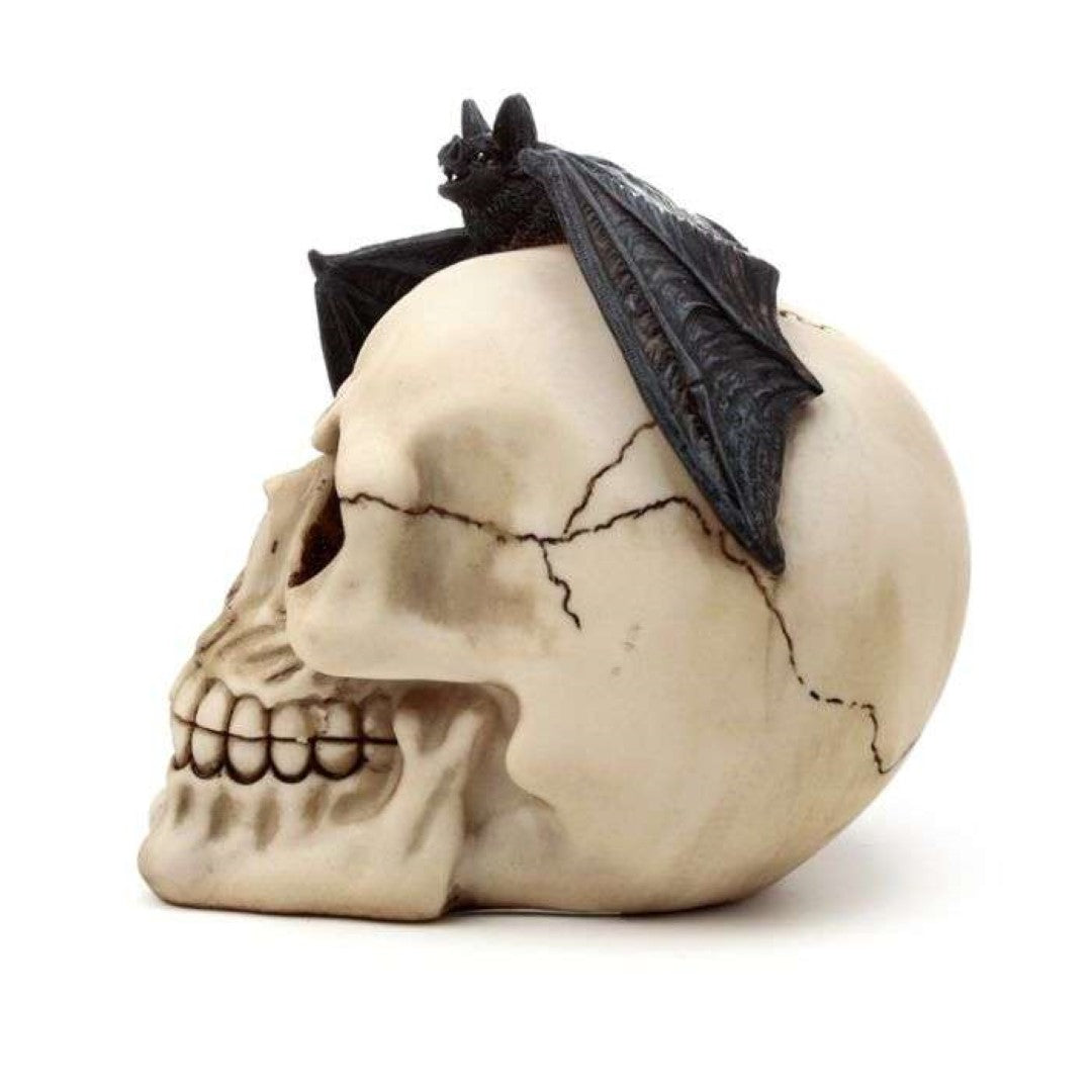 Ornate 15cm skull ornament with bat, perfect for Halloween and gothic decor, showcasing intricate details and craftsmanship.