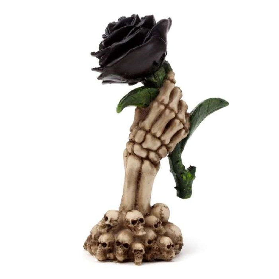 Skeleton hand grasping a black rose, 17cm tall gothic ornament for spooky decor and Halloween styling.