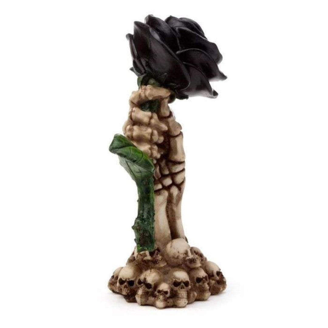 Gothic ornament of a skeleton hand grasping a black rose, measuring 17cm, perfect for spooky decor enthusiasts.