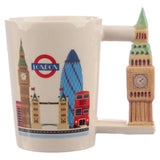 Ceramic mug with a Big Ben-shaped handle, ideal for tea or coffee, showcasing London's iconic charm.