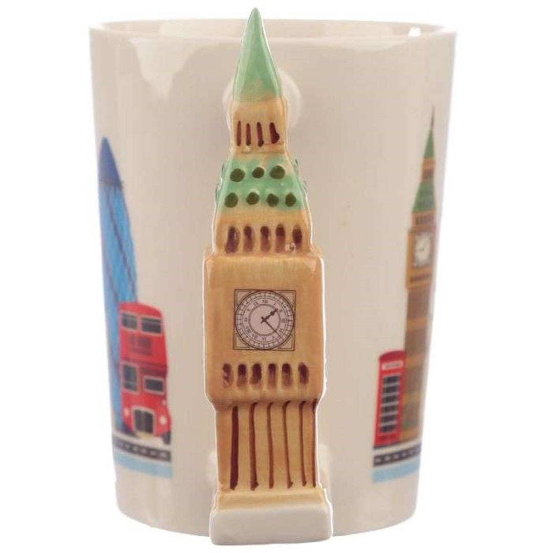 Ceramic mug with Big Ben-shaped handle, 400ml capacity, ideal London souvenir for travelers and collectors.