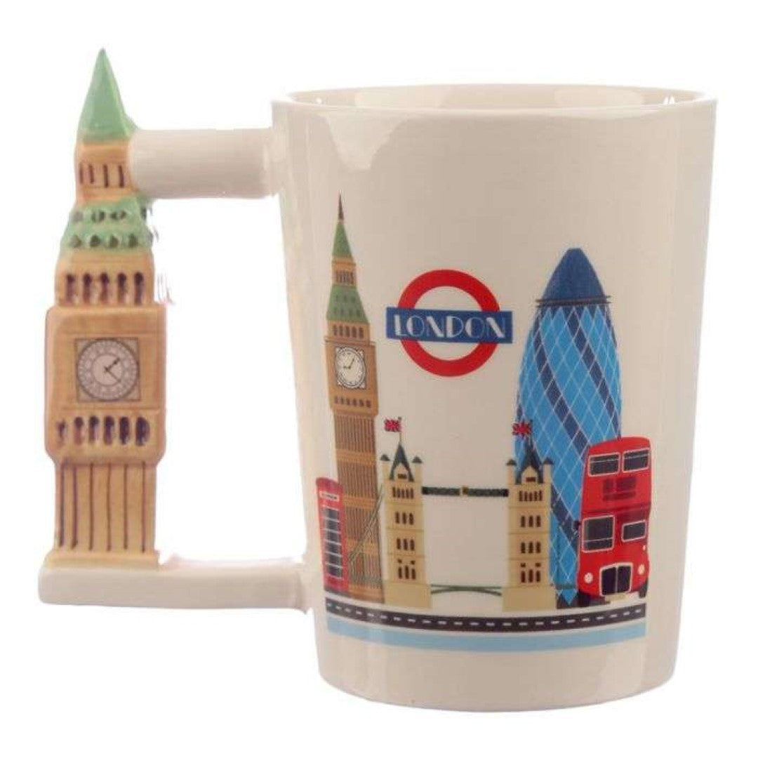 Ceramic mug with a Big Ben-shaped handle, ideal souvenir for London lovers, perfect for tea or coffee.