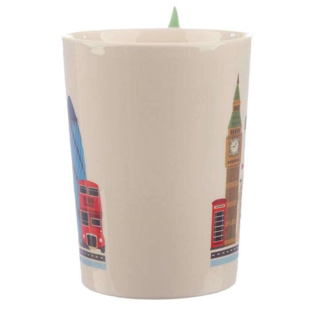 Ceramic mug with a Big Ben-shaped handle, ideal for London souvenir lovers, stylish and functional for beverages.