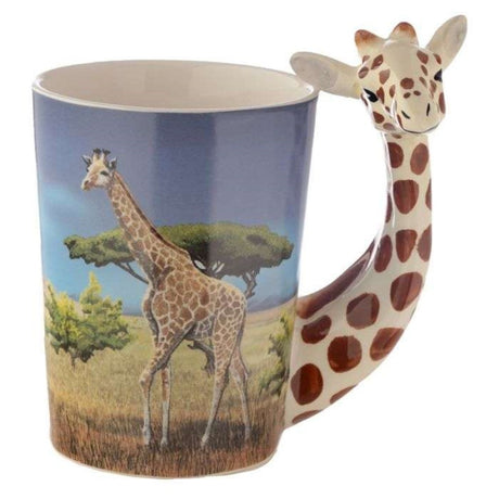 Ceramic mug with a whimsical giraffe savannah decal and shaped handle, holding 400ml, height 14.5cm.