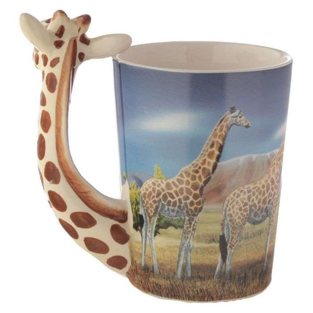 Ceramic mug featuring a giraffe savannah decal and shaped handle, 400ml capacity, made from food-safe dolomite.