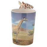 Ceramic mug with giraffe savannah decal and unique shaped handle, 400ml capacity, food safe, non-microwaveable.