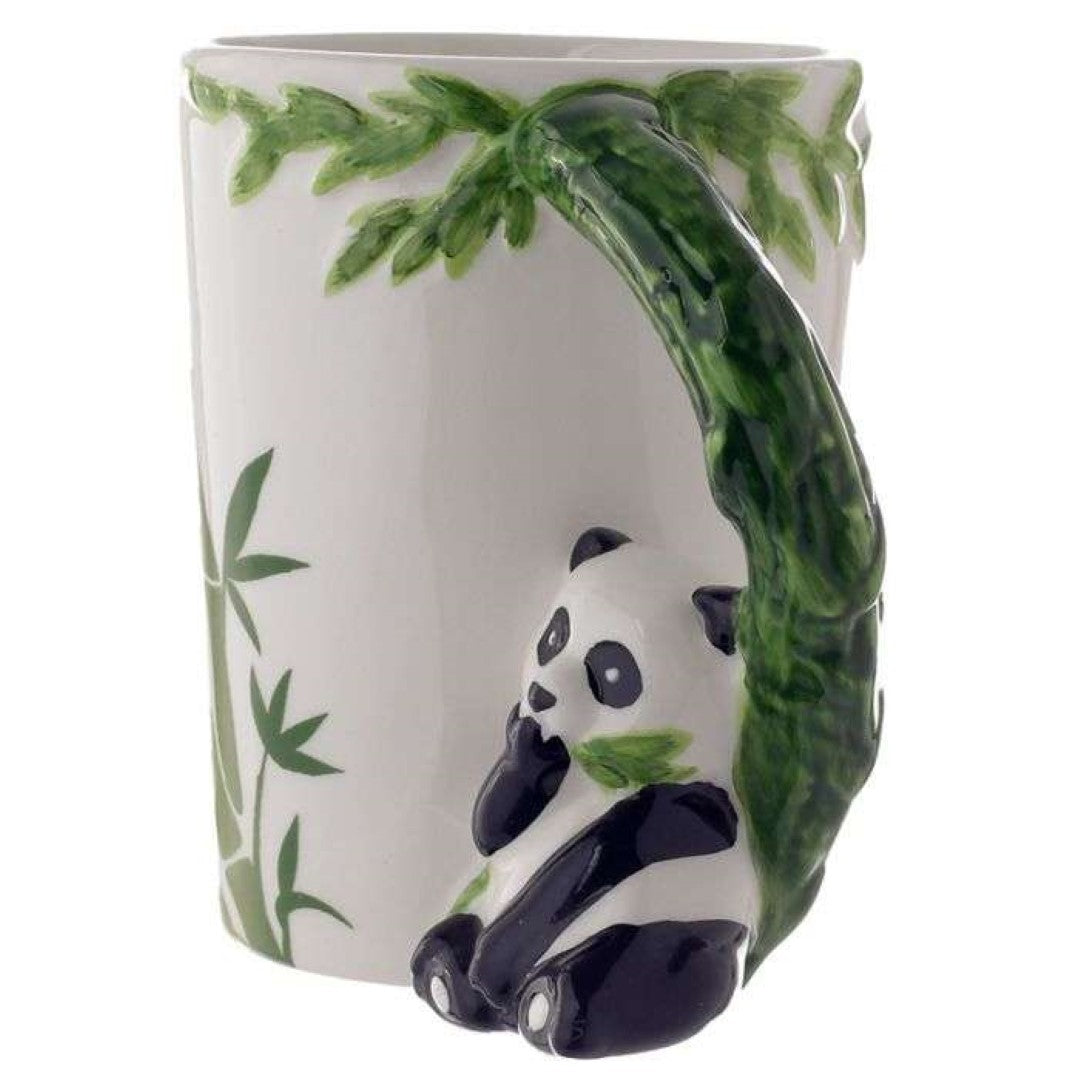 Cute ceramic mug featuring a panda with bamboo decal and shaped handle, perfect for stylish drinkware.