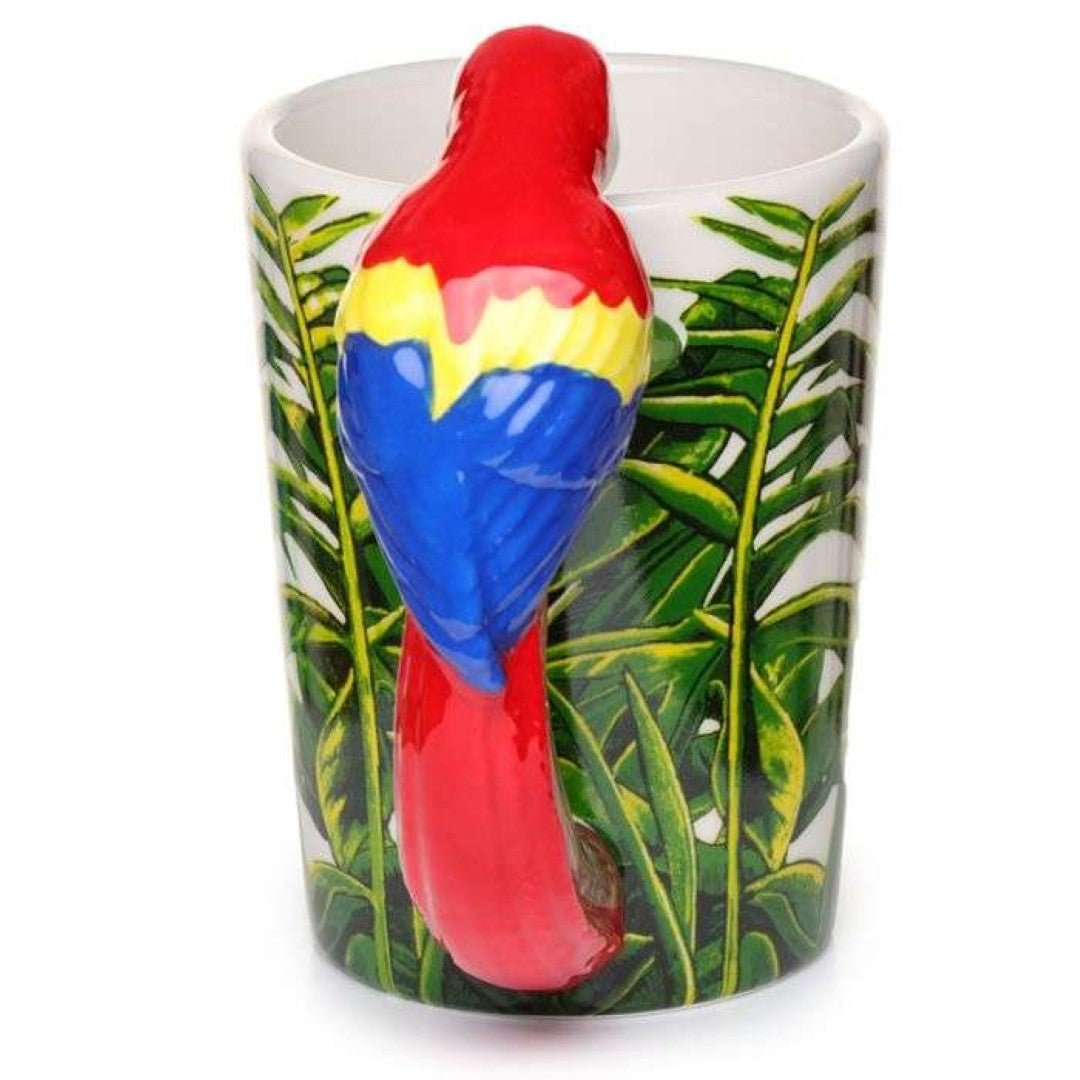 Ceramic mug featuring a parrot and jungle decal with a unique shaped handle, perfect for hot beverages.