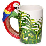 Ceramic mug featuring a colorful parrot and jungle decal, with a playful shaped handle and 400ml capacity for beverages.