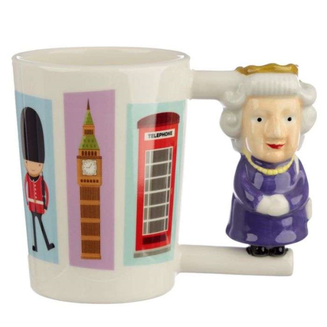 Ceramic mug featuring a Queen-shaped handle, 400ml capacity, showcasing iconic London symbols for a royal touch.