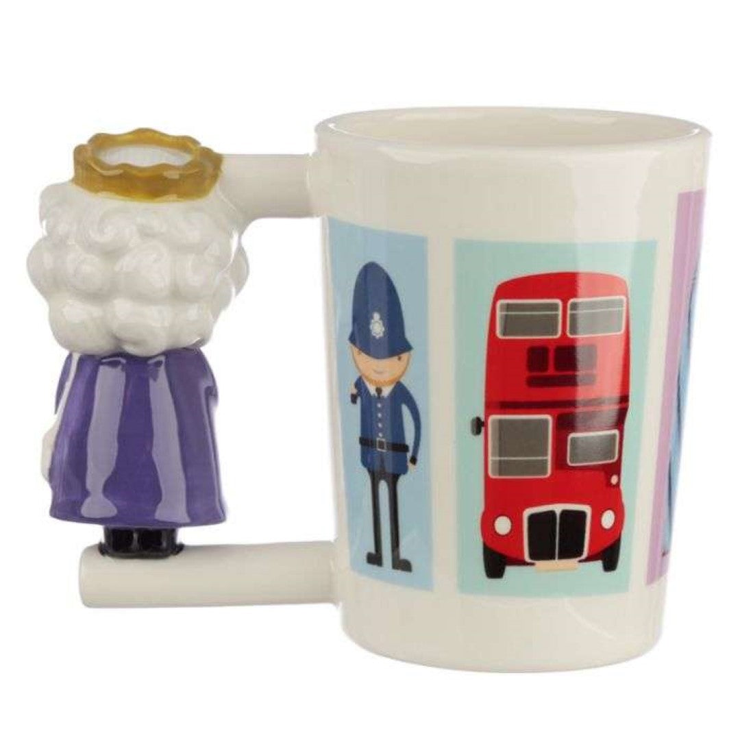 Ceramic mug with a unique Queen-shaped handle, perfect for coffee lovers and London souvenir collectors.