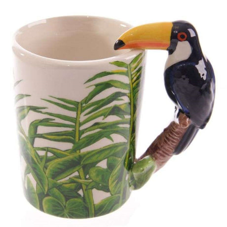 Vibrant ceramic mug featuring a toucan design and unique jungle decal handle, perfect for coffee and tea lovers.