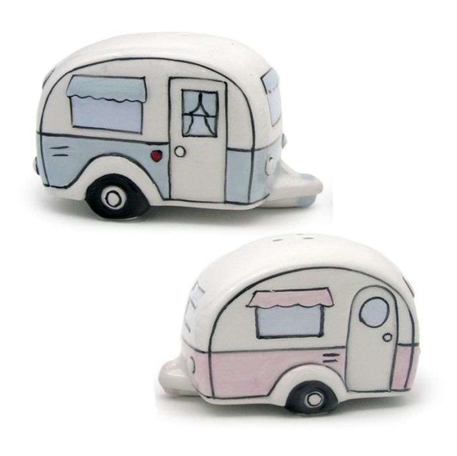 Ceramic salt and pepper shaker set with a caravan design, featuring rubber bungs for easy refilling.