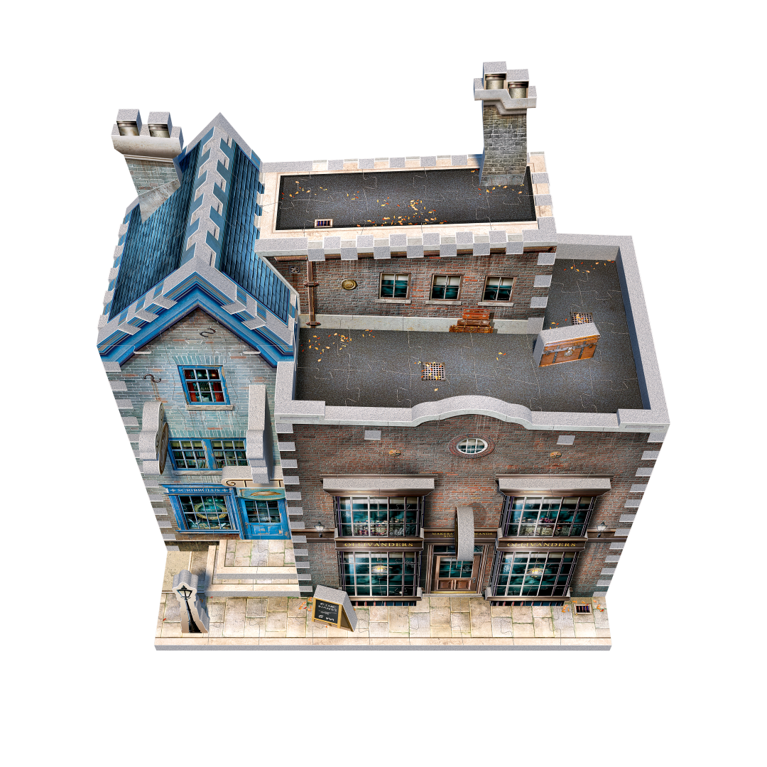 3D puzzle of Ollivander's Wand Shop, featuring 295 intricately crafted pieces from the Harry Potter series for enchanting decor.