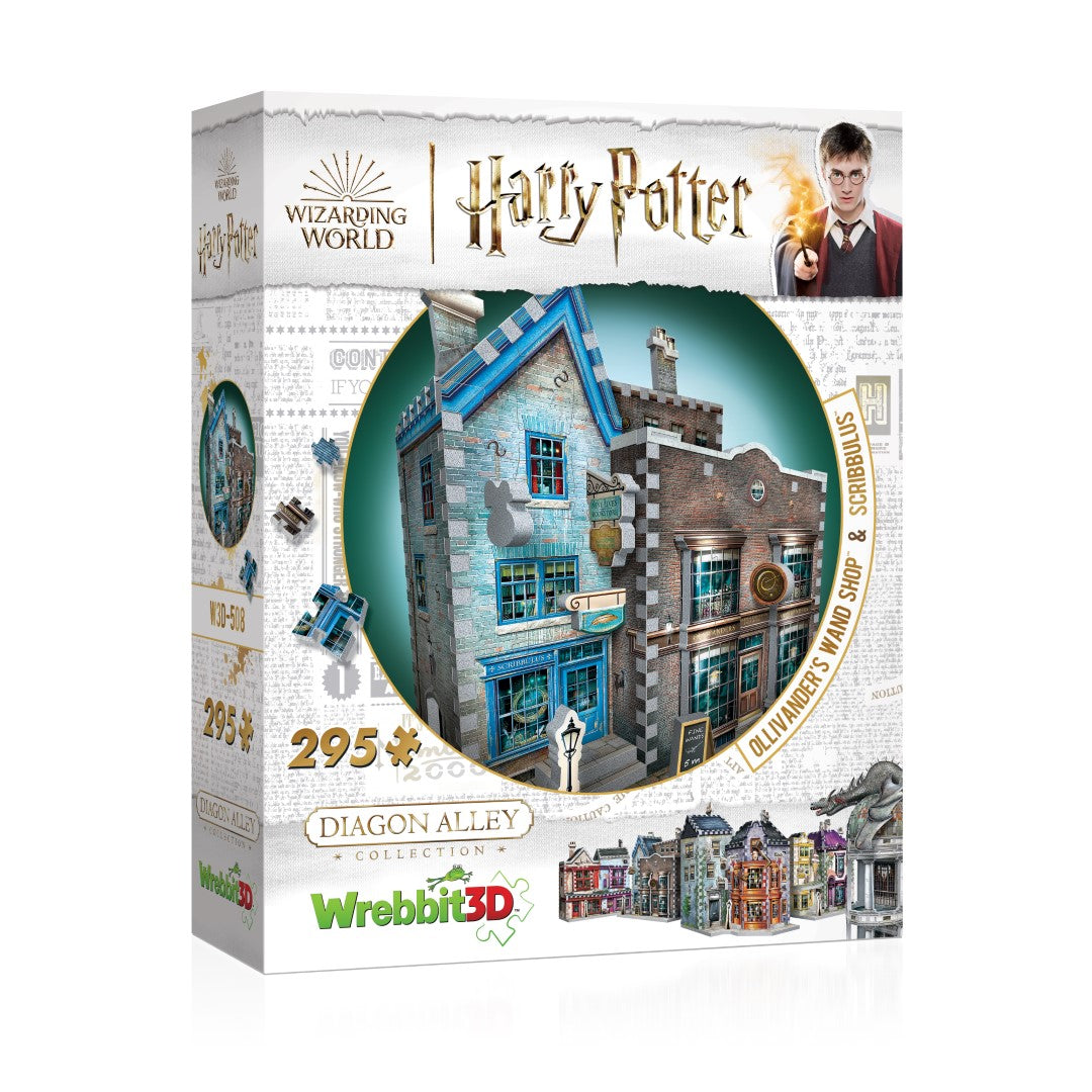 3D puzzle of Ollivander's Wand Shop from Harry Potter, featuring 295 intricately designed pieces for a magical building experience.