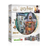 3D jigsaw puzzle of Weasleys' Wizard Wheezes, featuring vibrant details and included mini puzzle of the Flying Ford Anglia.