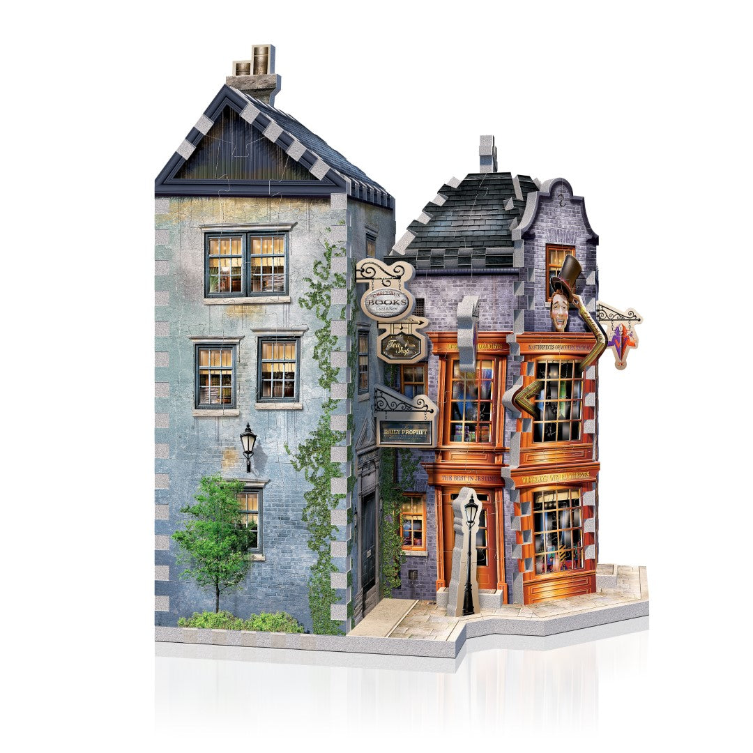 3D jigsaw puzzle of Weasleys' Wizard Wheezes featuring intricate details and an exclusive mini Flying Ford Anglia puzzle.