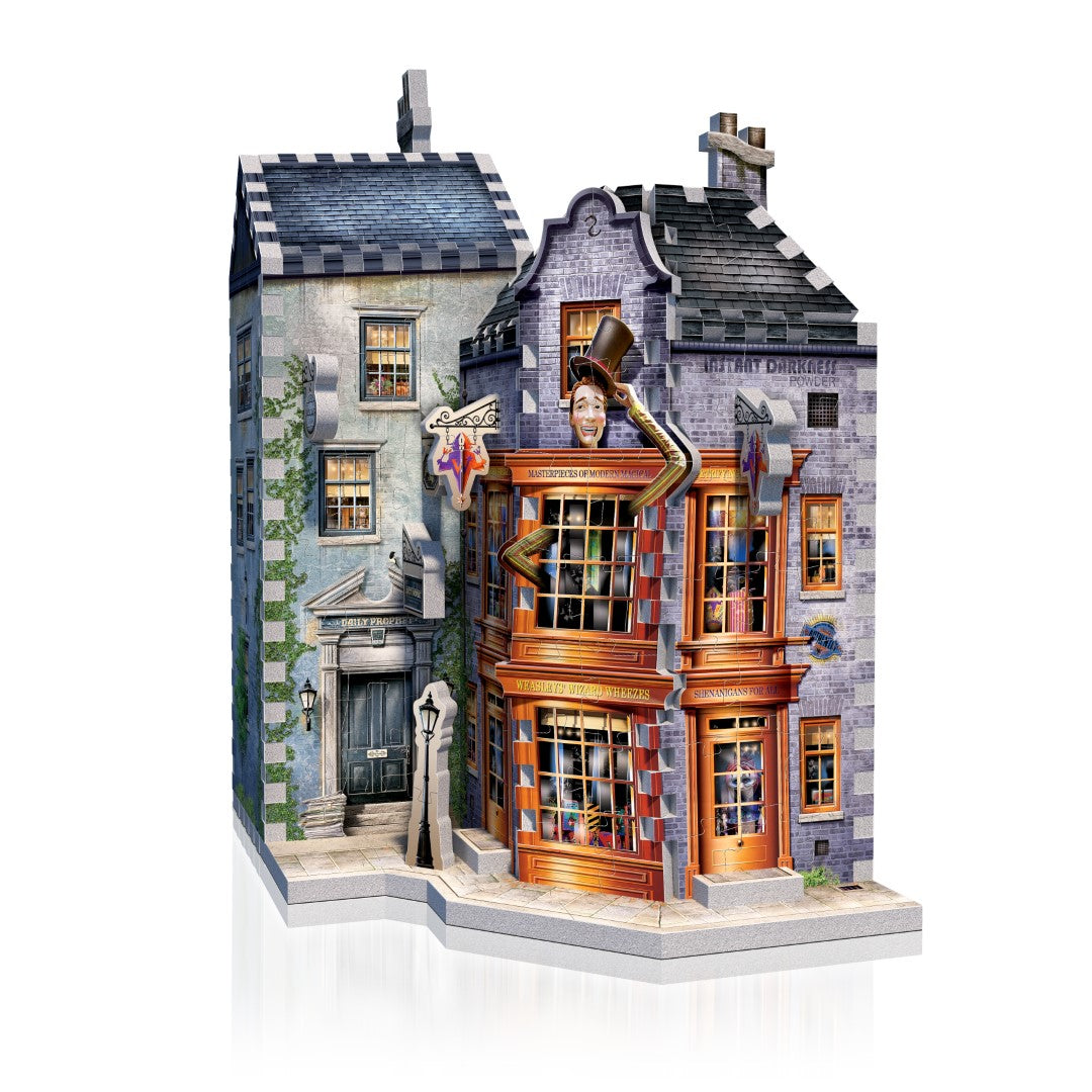 3D jigsaw puzzle of Weasleys' Wizard Wheezes, featuring intricate details and magical storefront design from Harry Potter.