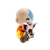 Plush Aang and Momo duo, 12 inches tall, showcasing Aang's joyful pose in orange outfit with Momo playfully in front.