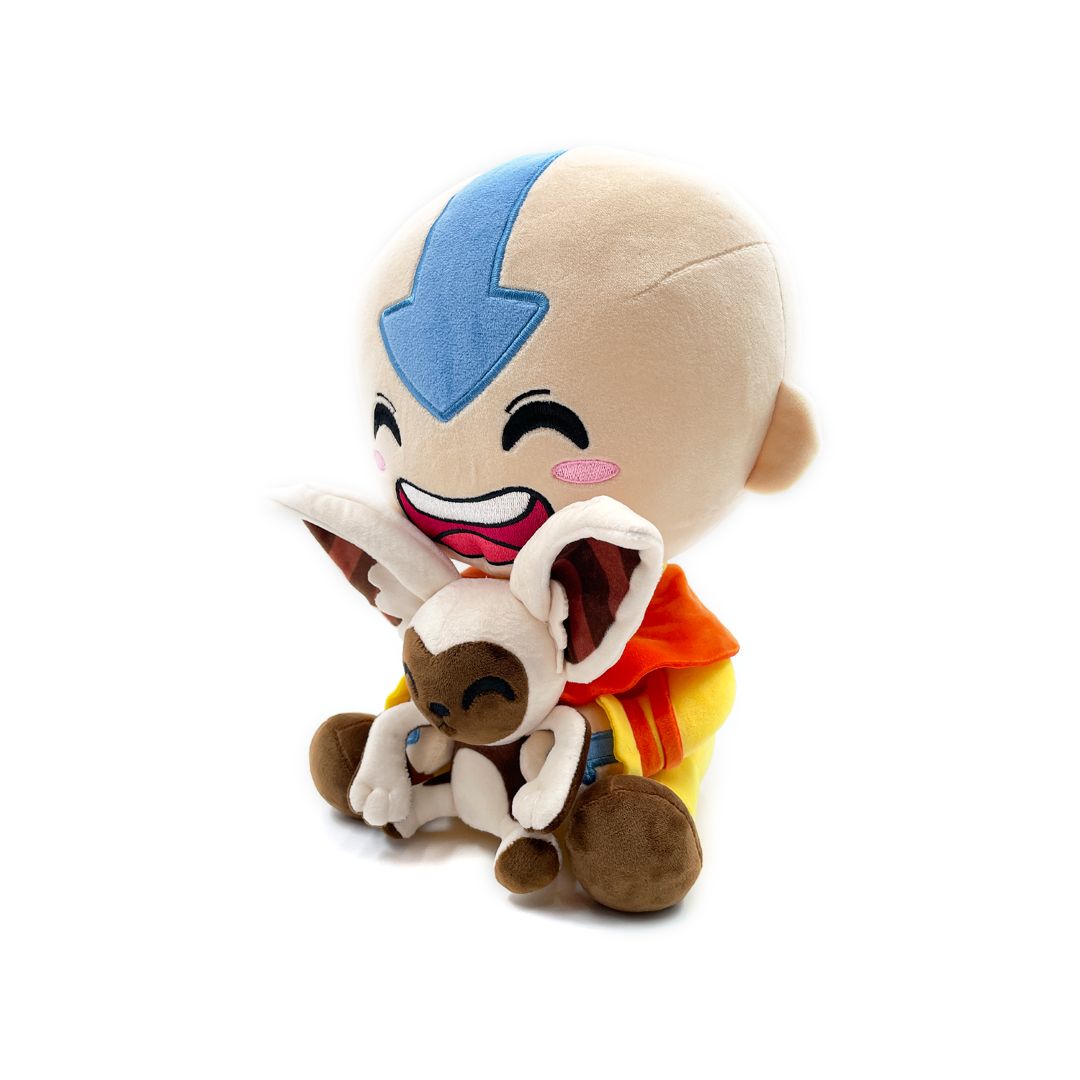 Plush Aang in orange and yellow outfit holding Momo, both sitting joyfully, crafted from soft PP cotton.