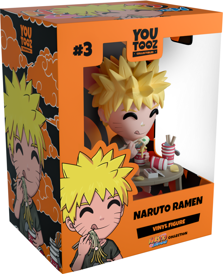 Naruto collectible figurine enjoying ramen, dressed casually, with chopsticks and a messy hairdo, set on a table with snacks.