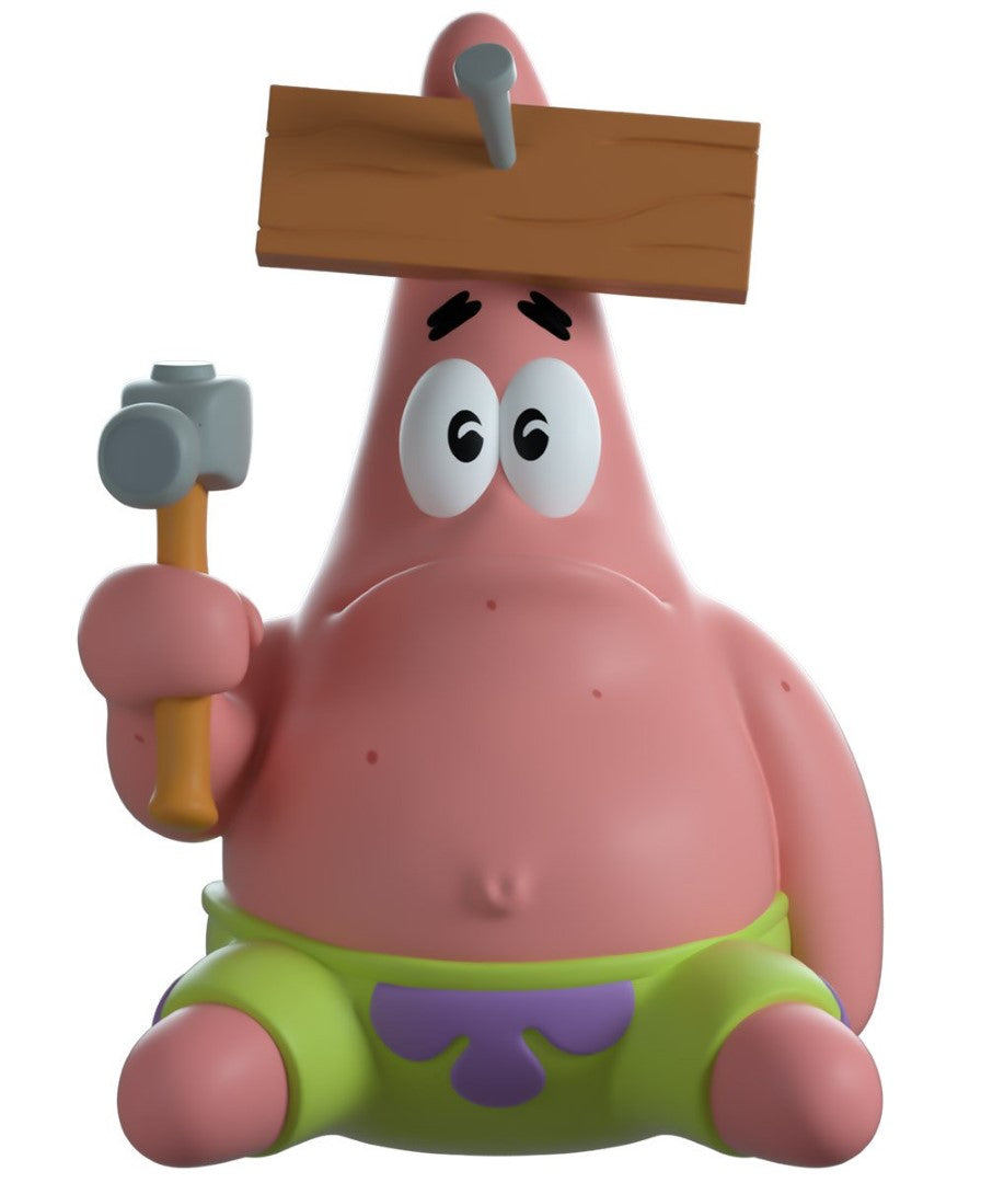 Collectible Youtooz Patrick figurine, 4 inches tall, with nail on head, holding a hammer, in vibrant packaging.