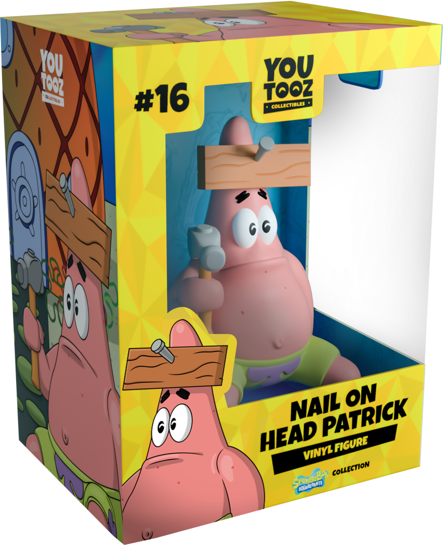 Collectible Youtooz Patrick figurine with a nail in his forehead, holding a hammer, perfect for SpongeBob fans.