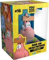 Collectible Youtooz Patrick figurine with a nail in his forehead, holding a hammer, perfect for SpongeBob fans.