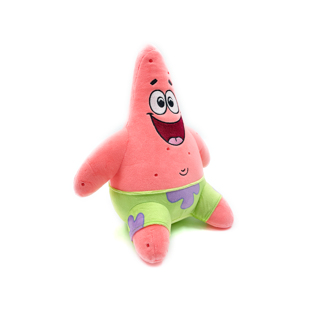 9-inch Patrick Star plush doll with a joyful expression, soft PP cotton, in light green shorts with purple floral pattern.