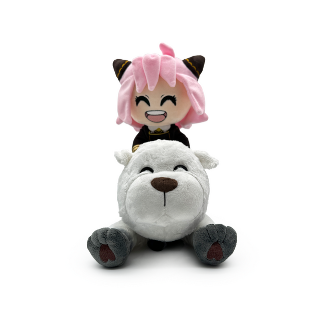 Plush Anya riding Bond, featuring soft materials, elegant design, and a cheerful expression, perfect for cuddling or display.