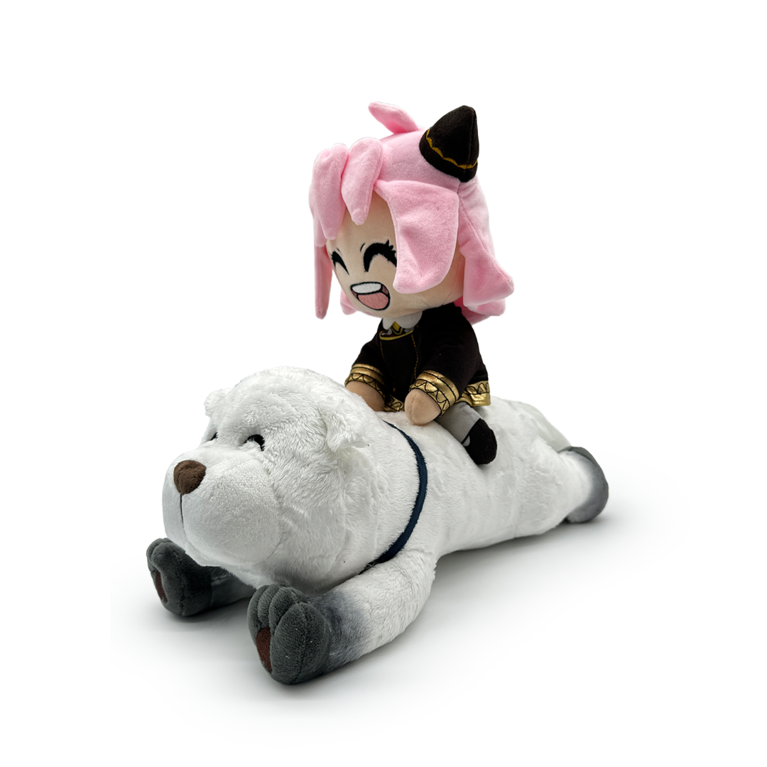 Adorable 1-foot plush of Anya riding Bond, featuring soft minky materials and charming details for anime fans.