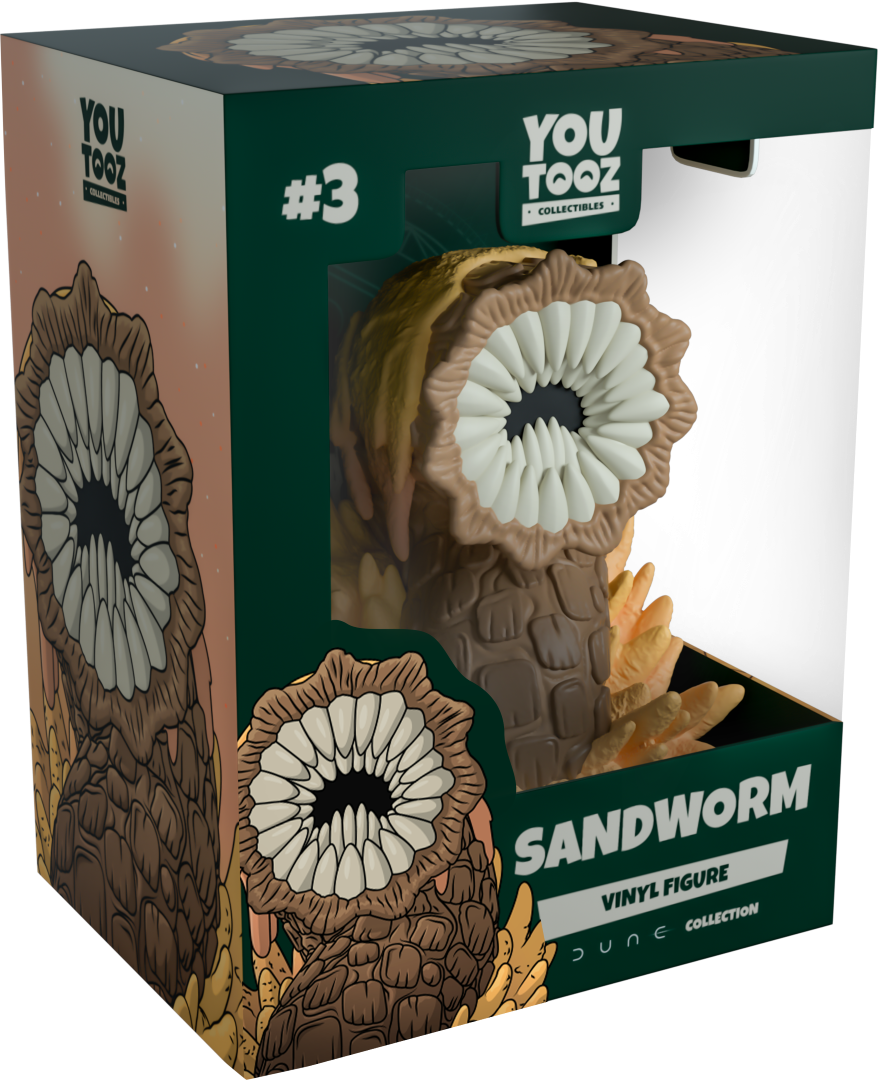 Collectible Youtooz Sandworm figurine, 5" tall, with detailed teeth and sand piles, capturing DUNE's iconic creature.