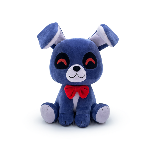 9-inch plush Bonnie from Five Nights at Freddy's, featuring floppy ears, red bowtie, and soft minky material, perfect for cuddling.