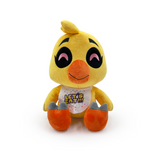 Plush 9-inch Chica sitting with a colorful bib, bright pink pupils, and a charming smile, perfect for cuddling and collecting.