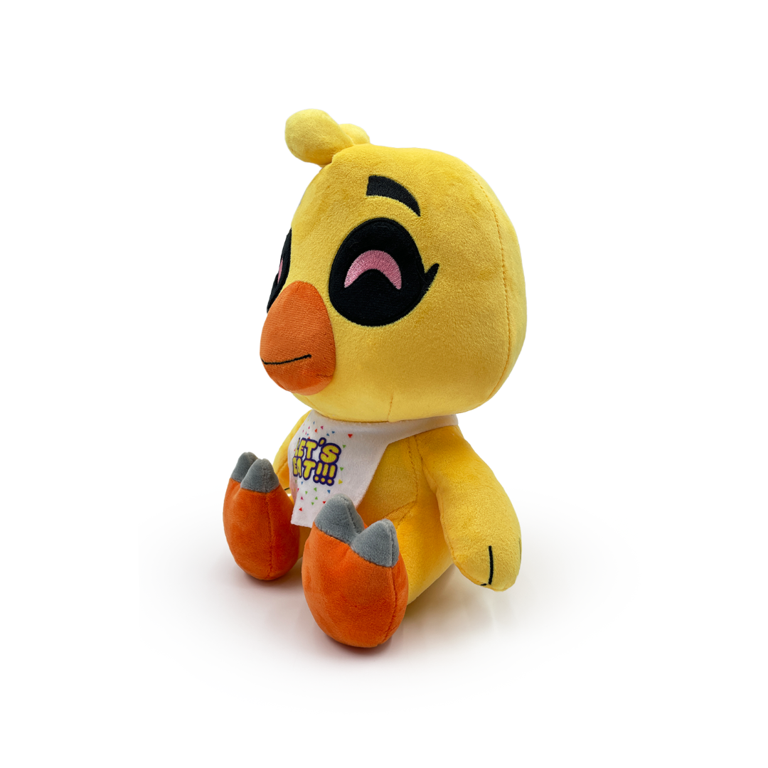 Adorable 9" Chica plush from Five Nights at Freddy's, featuring a colorful bib and bright eyes, perfect for cuddling or collecting.