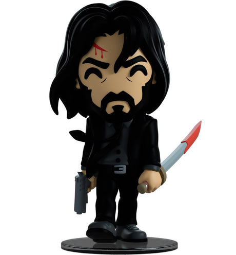 5-inch Youtooz John Wick figurine in black suit, wielding a sword and pistol, showcasing intense detail and dynamic pose.