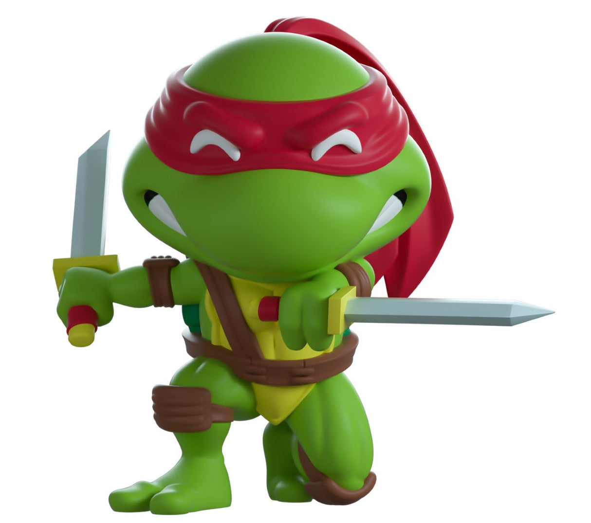 4.1-inch Youtooz Leonardo figurine in red mask, dual katanas, crouching heroically against a gritty brick wall backdrop.